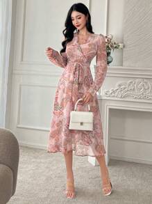 DAZY Spring New Valentine's Day Print Cinch Waist Sundress, Muse Tied Bowknot Elegant All-Over Print Dress For Women Boho,Ruffle