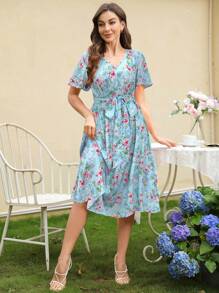 SHEIN Clasi Romantic Ditsy Floral Tie Waist Midi Dress,Sun Dress - Baby Blue - View 4
