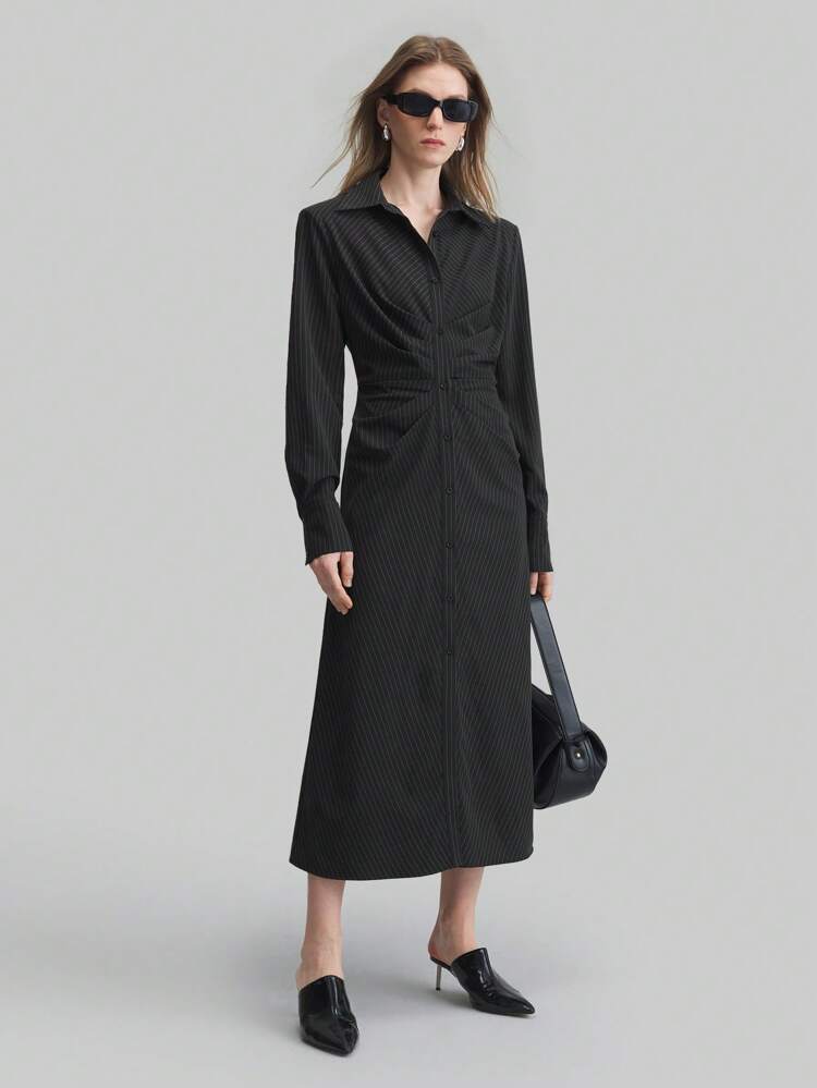 2-In-1 Women's Striped Shirt Dress With Gathered Waist, Elegant For Commute, Fashionable City Style, Spring/Summer