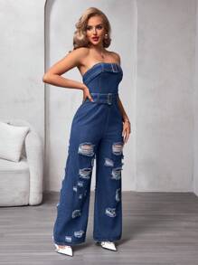 SHEIN BAE 女式牛仔连身裤，采用做旧细节和爪扣设计 - 藍色 - 查看 1