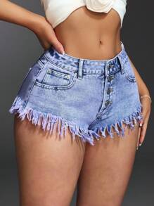 SHEIN BAE Women's Casual Denim Shorts, Simple And Fashionable For Daily Wear - Purple - View 4