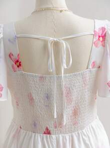 Soleia Plus Size Women Placement Floral Sweetheart Neck Ruffle Trim Short Sleeve Patchwork A-Line Dress - Multicolor - View 4