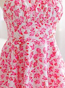 Soleia 女士度假黄玫瑰碎花细肩带多层中长连衣裙，休闲长裙，适合下午茶、婚礼季节 - 粉色 - 查看 5