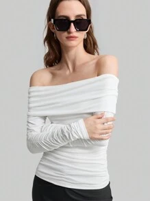 Ontre Women 90s Style Off Shoulder Ruffle Long Sleeve Fitted Knit Top, White - White - View 3