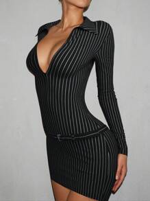 SHEIN ICON Vestido casual a rayas de manga larga y con diseño sexy para mujer con estilo Y2K, simple y de moda para uso diario en la oficina