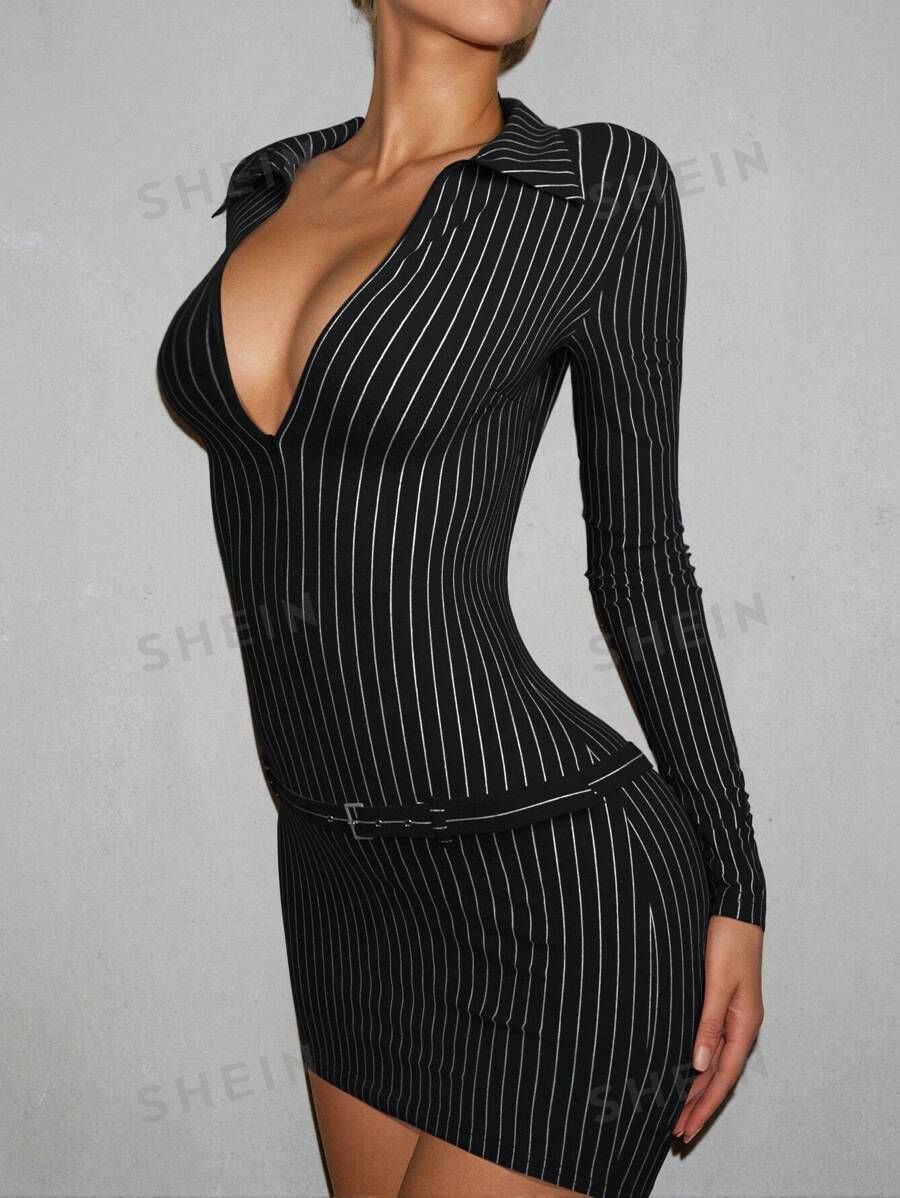 SHEIN ICON Vestido casual a rayas de manga larga y con diseño sexy para mujer con estilo Y2K, simple y de moda para uso diario en la oficina