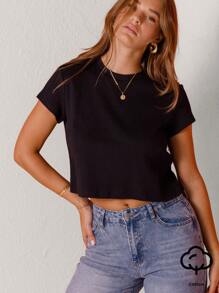 Aralina Jet Black Cropped Hem Capped Sleeve Tee