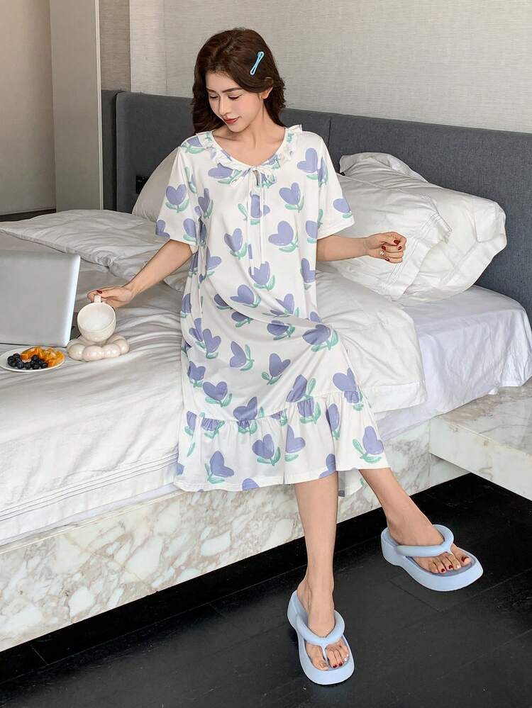 Floral Printed Ruffle Hem Loose Fit Women Nightgown Pajama