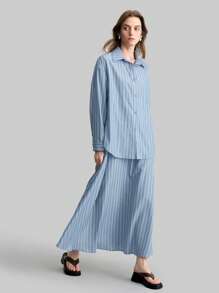 Ontre 2 件女式条纹长袖纽扣衬衫和中长裙休闲套装