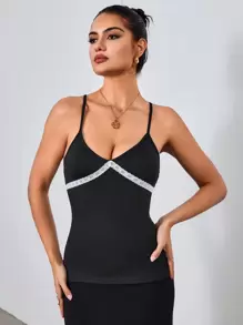 Chiquease Contrast Color Lace V-Neck Adjustable Strap Ladies Camisole - Black - View 5