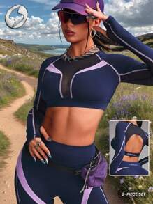 Innovista 女士运动服二合一套装，撞色拼接短款长袖运动上衣和运动紧身裤，两件套健身服，透气网眼镂空高弹速干健身上衣和裤子，高腰收腹裤和塑形垫，适合拳击、舞蹈、徒步、露营、越野、排球、音乐节、派对等场合，蓝色，春季装备，情人节，比基尼，秋季泳装，女士清爽浅蓝色