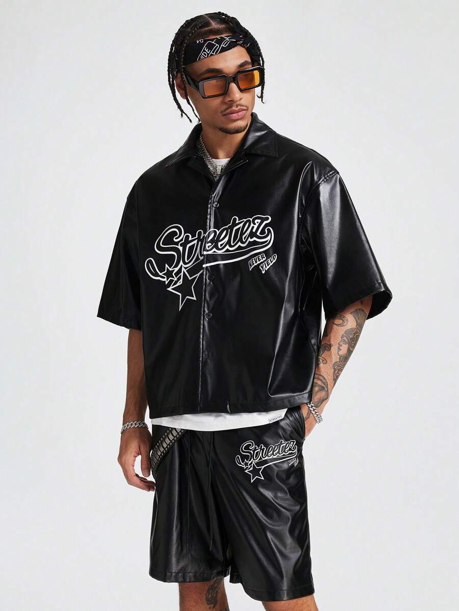 AXEPEAK Men's Loose Woven Letter Print Short Sleeve Shirt Set - Black - View 1