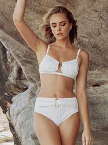SHEIN Swim Conjunto de bikini de 2 piezas para mujeres con tirantes de hombros texturizados y escote en U - Blanco - Ver 8