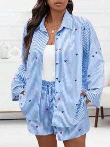 SHEIN LUNE Conjunto casual de 3 piezas para mujer talla grande, que incluye: camisa de manga larga con botones y rayas en forma de corazón, camiseta sin mangas de unicolor y shorts