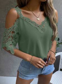 EMERY ROSE Casual Solid Color Lace Panel Open Shoulder Blouse - Green - View 5
