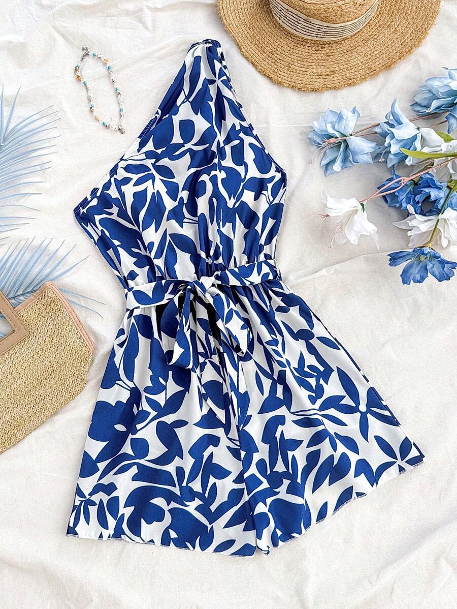 Soleia 女士复古蓝白印花单肩扭腰宽松连体裤，适合派对、约会、夏装、沙滩度假、音乐节 - 藍白色 - 查看 1