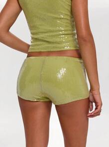SHEIN BAE Shorts com Aplicação de Paetês de Cintura Baixa para Mulheres, Adequados para Festivais de Música, Saídas Noturnas e Festas Noturnas - Verde Menta - Visão 2