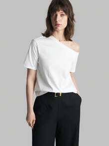 Ontre Women's Solid Color Asymmetric Collar Short Sleeve Casual T-Shirt, Summer