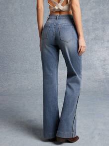 WESTFADE High Rise Western Fitted Flare Split Button Hem Denim Jeans
