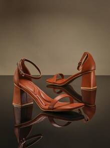 SHUZIA 畅销女式简约单带方头舒适中底斜跟PU棕褐色凉鞋 - 百搭、时尚、舒适