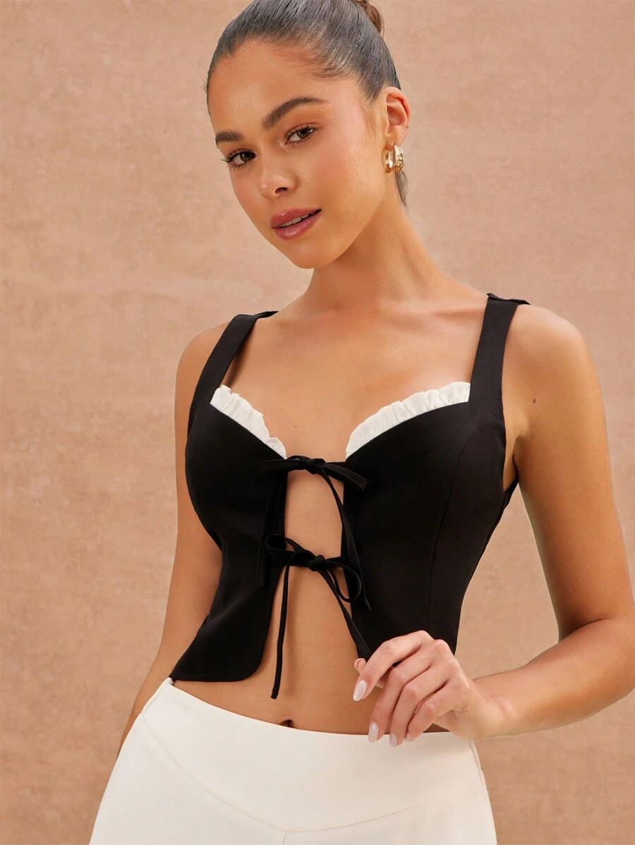 L'Amorae Elegant Tie Front Sleeveless Contrast Frill Detail Vacation Tank Top, Summer For Women - Black and White - View 1