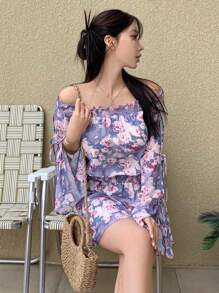 DAZY 女士极简时尚休闲和服印花罩衫连衣裙，适合日常穿着，夏季海滩度假，荷叶边露肩上衣，波西米亚风 - 彩色 - 查看 6