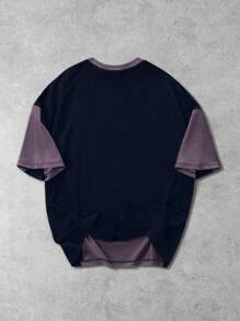 PAVTROS Manfinity Streetrush Men's Casual Contrast Color Block Letter Print Short-Sleeved T-Shirt, Loose Round Neck Short-Sleeved Patchwork, Daily Casual Holiday Gift, Four Seasons Commuting Daily Casual Wear