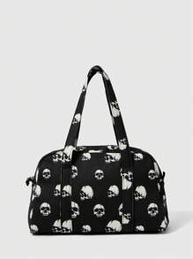ROMWE Goth Black Skull Print Corduroy Women Tote Bag, Stylish & Portable - Black - View 2