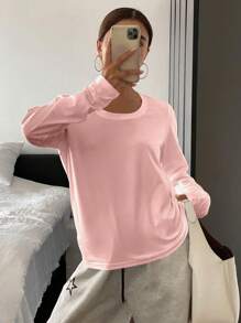 DAZY 女士休闲纯色圆领长袖 T 恤，秋季服装学院风上衣 - 粉色 - 查看 3