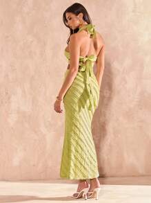 SHEIN BAE Solid Green Textured Halter Neck Backless High Slit Dress, Resort Wear