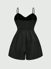 ROMWE J-Fashion 大码金属纽扣装饰优雅春假连体裤 - 黑色 - 查看 2