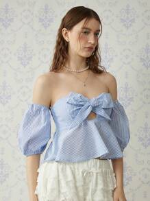 SHEIN MOD Women's Front Tie Off Shoulder Blue And White Stripe Minimalist Bow Casual Top,Autumn,Elegant,Vacation,Holiday,Tropical,Tea Party Top - Blue - View 3