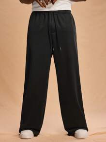 Forever 21 Pantaloni neri casual con gamba dritta, vestibilità morbida, con cordoncino, perfetti per la casa e il tempo libero