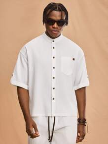 Forever 21 Texture All-Match Stand Collar Short Sleeve Shirt