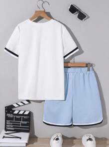 SHEIN 2pcs/Set Tween Boy Letter Graphic Casual Sports Crew Neck Short Sleeve T-Shirt And Shorts Set - Blue - View 2