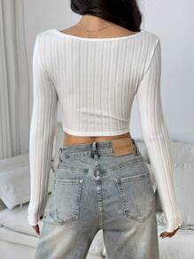 SHEIN EZwear 女士纯色休闲拉绒罗纹扭纹长袖 T 恤 - 白色 - 查看 2