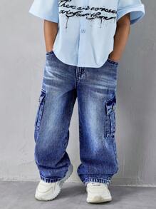 Young Boys' Casual Denim Jeans, Fashionable Utility Straight Leg Washed Blue Jeans, All Season - Dark Wash - View 6