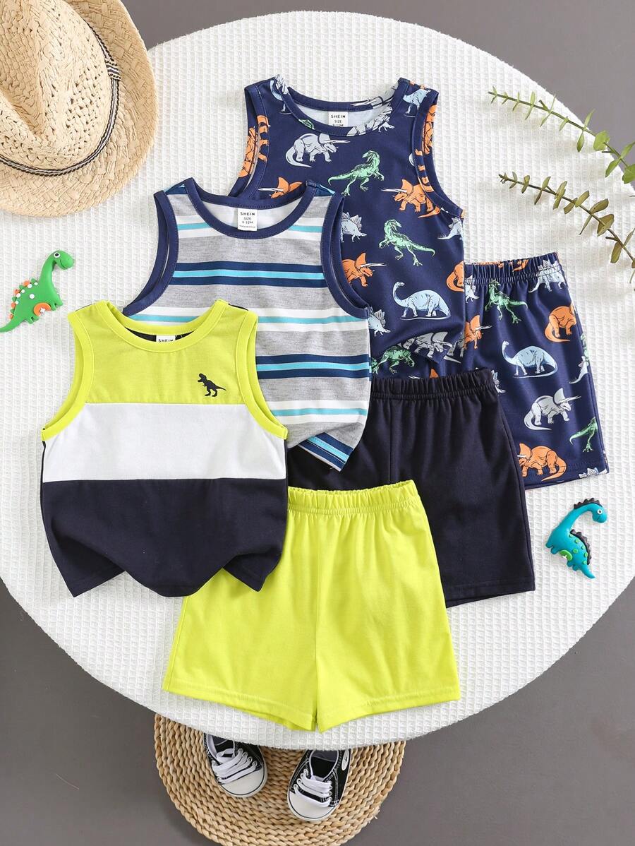 6 件套男婴夏季休闲度假可爱卡通条纹印花背心和短裤基本款多件套背心套装 - 彩色 - 查看 1