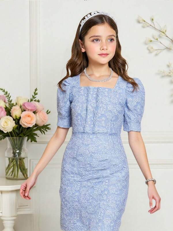 Tween Girls Blue Jacquard Rochie A-Line cu maneci bufante, eleganta Rochie Printesa