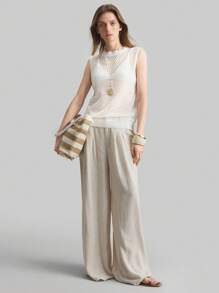 Ontre Vintage Boho Style Women Sleeveless Hollow-Out Crew Neck Knit Top, Solid Color