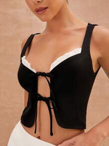 L'Amorae Elegant Tie Front Sleeveless Contrast Frill Detail Vacation Tank Top, Summer For Women - Black and White - View 3