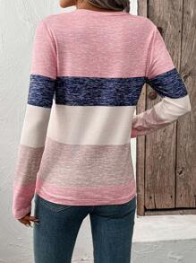 EMERY ROSE Shiny Striped Print V-Neck Long Sleeve T-Shirt Graphic Tees Women Tops For Spring - Multicolor - View 2