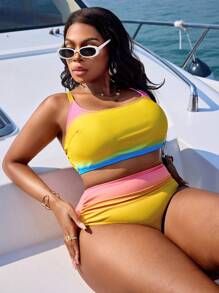 Slaydiva Plus Size Women 2pcs/Set Adjustable Strap Casual Holiday Bikini Swimwear Set, For Summer Beach Vacation - Multicolor - View 4