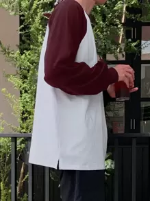 DAZY 男士春季红白拼色简约时尚休闲 T 恤，日常穿着 - 白色 - 查看 5