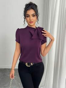 Rafferiza Áo cánh tay loe thắt nơ màu trơn đơn giản, dễ mặc cho nữ, mùa xuân/hè - Màu tím - Xem 4