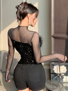 DAZY 春季新款网纱拼接纹理派对风女式T恤舞会礼服长袖女式上衣奢华亮片新年闪光上衣Y2k - 黑色 - 查看 3