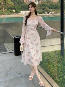 DAZY Đầm maxi họa tiết hoa nhí mùa xuân mới, đầm kiểu dáng thanh lịch đi biển, đầm dài tay họa tiết hoa loang lổ dành cho nữ, đầm xếp nếp, đầm mùa thu. - Hồng - Xem 5