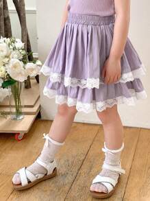 DAZY Young Girl Contrast Lace Ruffle Hem Short Skirt - Purple - View 4