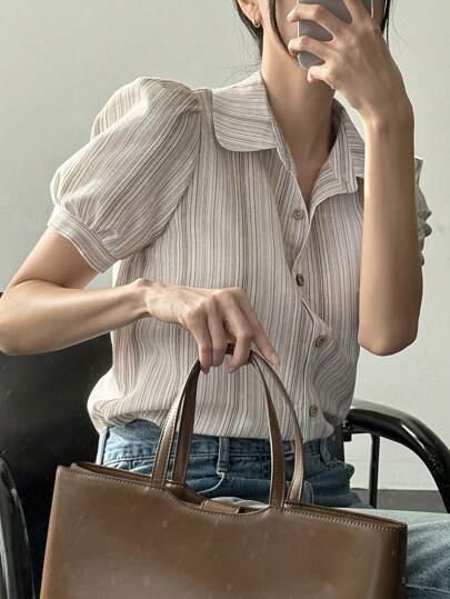 DAZY 新品春季波西米亚风格海滩度假条纹荷叶边袖女式衬衫秋季