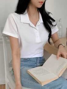 DAZY 新款西式宽松休闲翻领女式T恤，春夏季，商务休闲女装 - 白色 - 查看 4